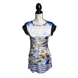 Marc Cain silk longline Blue and White Graphic Fitted‎ blouse
